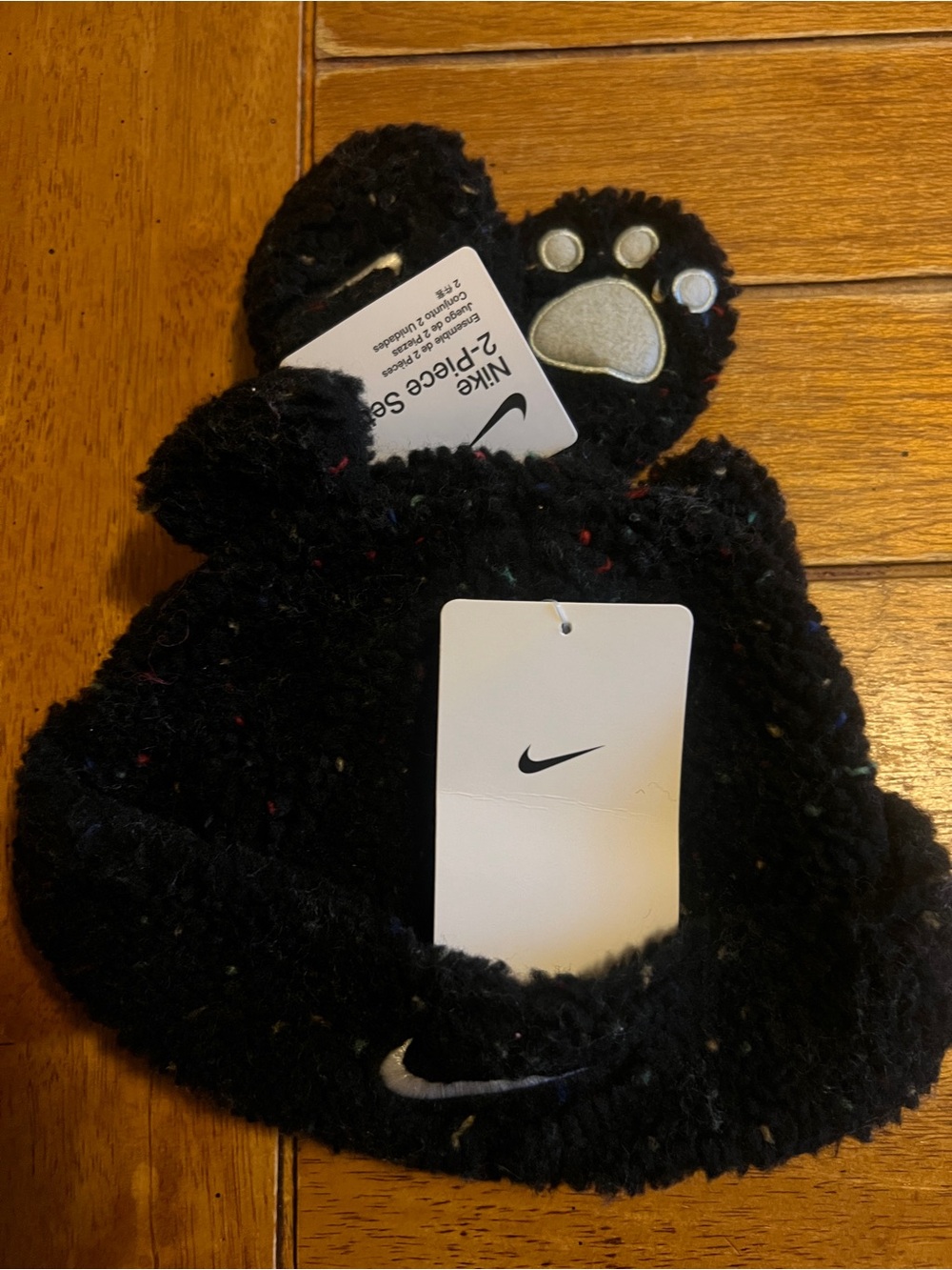 Nike Black Fuzzy Bear Beanie with Paw Mittens